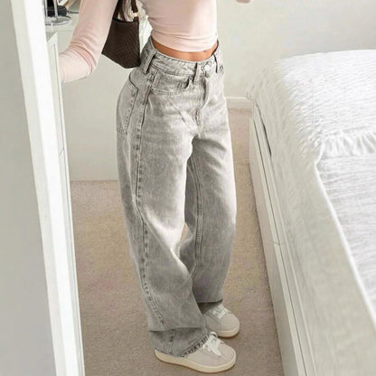 Pantaloni in denim grigio chiaro stile retrò da donna, vita alta, vestibilità ampia, gamba dritta, taglio slim, stile vintage artistico.