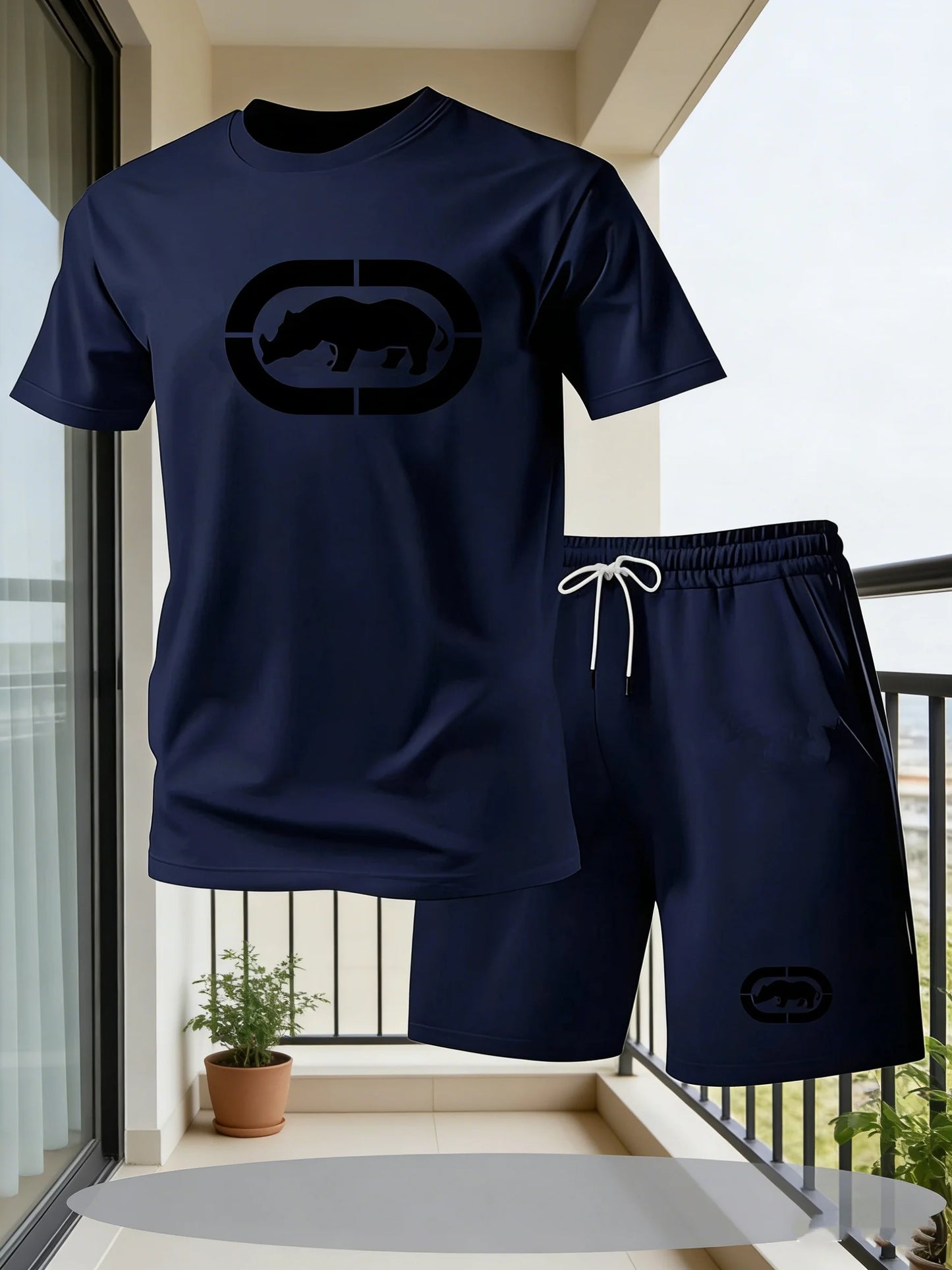 Completo sportivo estivo da uomo traspirante con scollo rotondo, maniche corte e pantaloncini a cinque quarti, leggero e comodo, in stile sportivo.