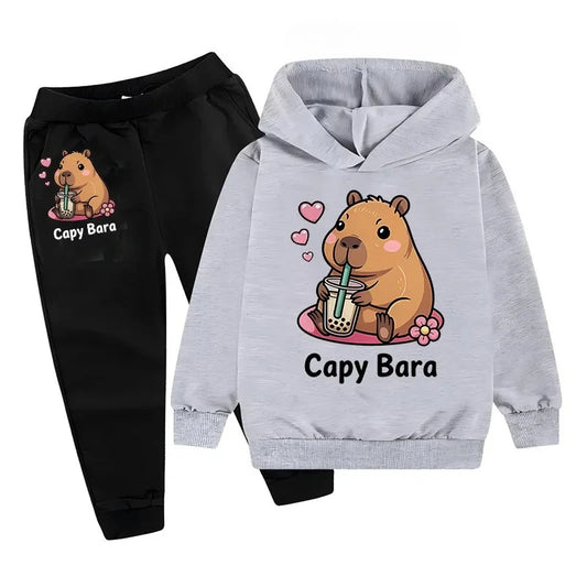 Set di 2 pezzi per bambine con felpa e pantaloni da jogging con stampa capibara, completo comodo per bambini, abbigliamento da gioco con capibara, lavabile in lavatrice, completo sportivo coordinato per tutti i giorni per ragazzi.