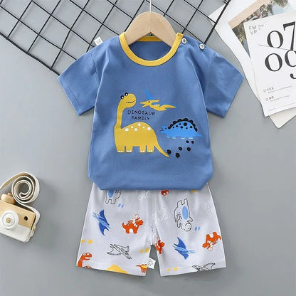 Completo pigiama 2 pezzi maglietta + pantaloncini in cotone con orsetto e dinosauro dei cartoni animati per bambini e bambine, tuta estiva casual per bambini e bambine da 1 a 4 anni