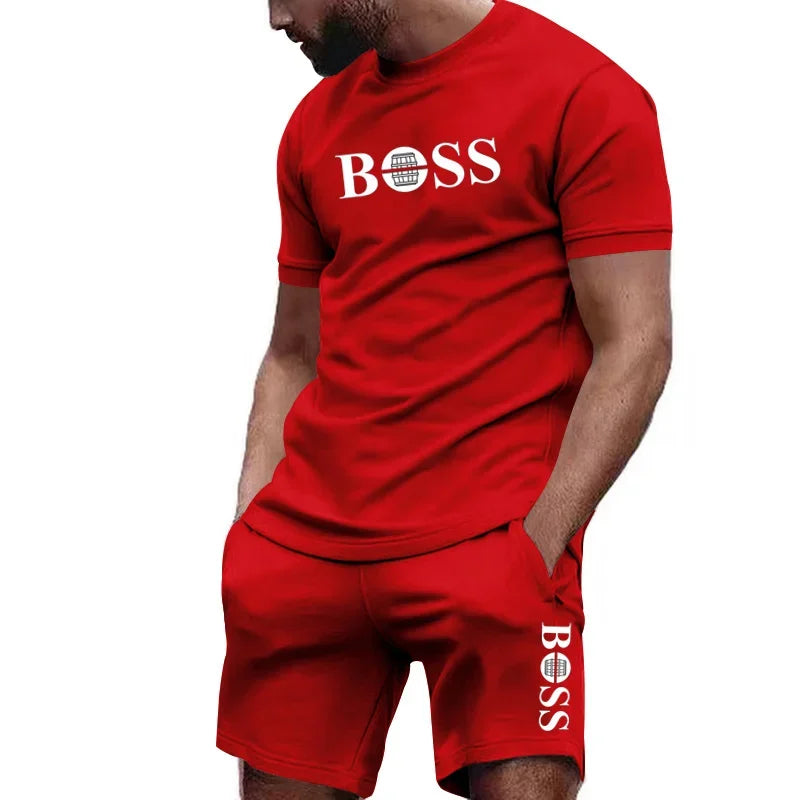 Completo sportivo da uomo a due pezzi con t-shirt a maniche corte e pantaloni, ideale per corsa e fitness, collezione estate 2026 con grandi sconti.