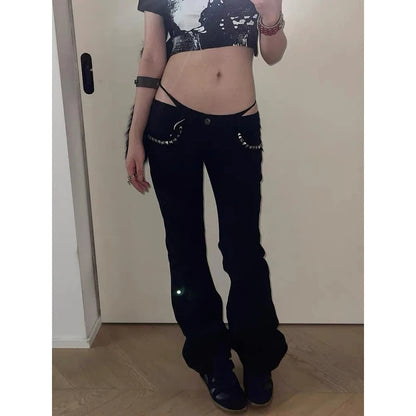 ZHIZOU Jeans da donna a vita bassa, neri, svasati, in denim, stile Gyaru, retrò americano, coreano, cyberpunk, a tromba, jeans skinny a campana, stile Y2k