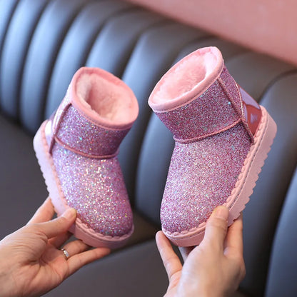 Stivali da neve invernali per bambina, scarpe con pelliccia spessa e scintillante, stivali corti per bambini, caldi, belli, eleganti, slip-on autunnali per adolescenti, scarpe con paillettes