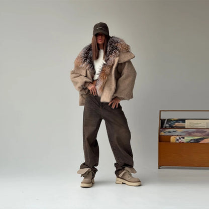 Oversized Winter Women's Coat Wide Faux Fur Collar Hooded Jacket Loose Single Breasted Outwears 2025 New Trendy Warm Lady Coats