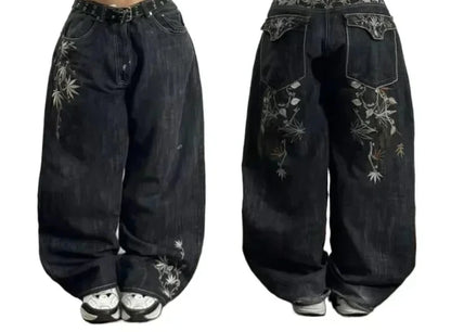 2024 New American Trend Retro Hip-hop Embroidery Pattern Baggy Jeans For Men And Women Y2K Harajuku Gothic Wide Pants Streetwear