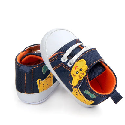 Simpatiche scarpine da neonato a forma di giraffa, antiscivolo, con suola morbida, in tela, ideali per i primi passi di un bambino o una bambina.