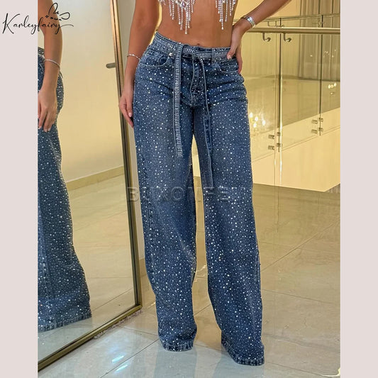 Women's Wide Leg Loose Jeans Drilled Straight Leg Pants 2025 Stylish Baggy Trousers Ladies Fashion Y2K Streetwear Outfit Bottoms