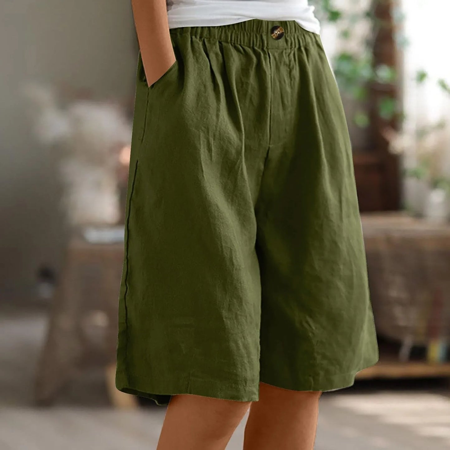 Female Fashion Solid Color Elastic High Waist Pocket Button Up Loose Cotton Linen Five Length Shorts Summer Soft Comfort Pants