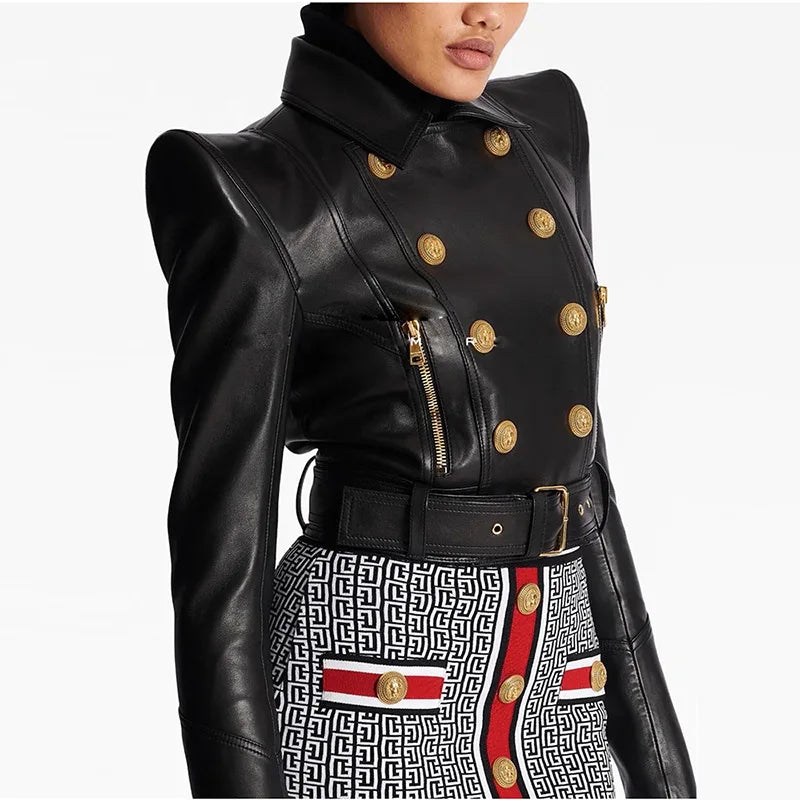 High quality 2025 designer fashion personality shrugged double breasted zipper short women's motorcycle leather jacket