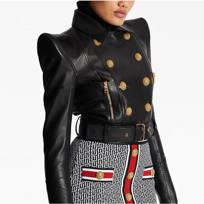 High quality 2025 designer fashion personality shrugged double breasted zipper short women's motorcycle leather jacket