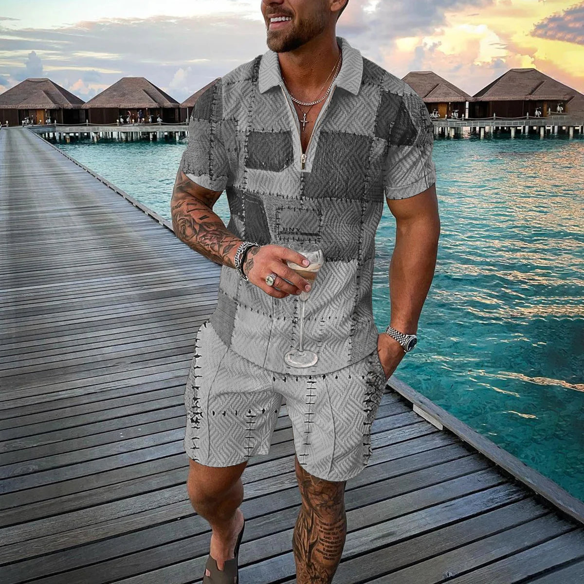 Completo estivo da uomo con stampa 3D, composto da polo con cerniera e pantaloncini, 2 pezzi, stile boho geometrico, abbigliamento per le vacanze.