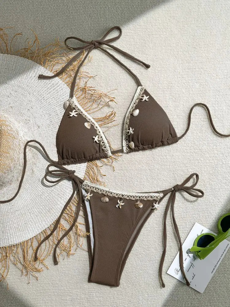 Women's Sexy Halter Triangle Bikini Top 2025 New Arrival Swimwear with Shell & Starfish Design Trendy Beachwear Two Pieces Bikin