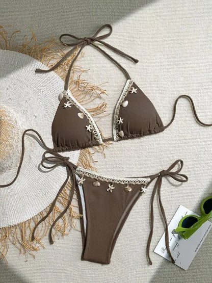 Women's Sexy Halter Triangle Bikini Top 2025 New Arrival Swimwear with Shell & Starfish Design Trendy Beachwear Two Pieces Bikin