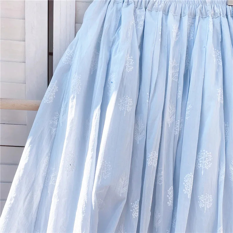 Cotton Linen Blue Midi Pleated Skirt, Fashion Print Skirts For Woman 2025 Summer