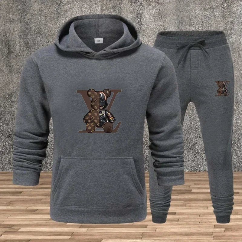 Nuovo set da uomo con felpa con cappuccio stampata, tessuto morbido, casual, streetwear, fitness, jogging, abbigliamento sportivo, completo a 2 pezzi, comodo