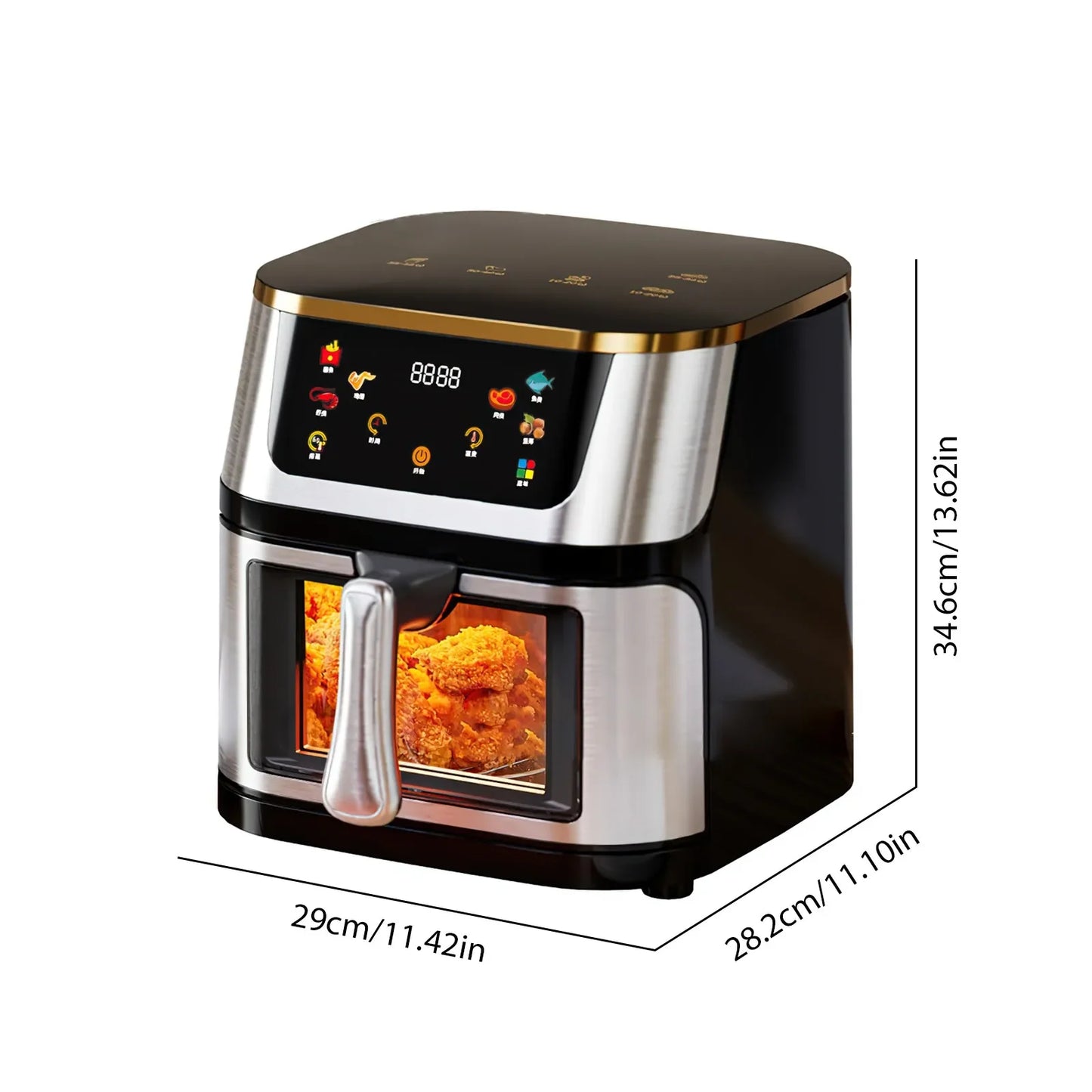 Friggitrice ad aria elettrica ad alta capacità visibile in acciaio inossidabile da 8 litri, forno ad aria multifunzione, touch screen a LED, alta temperatura a 210 °