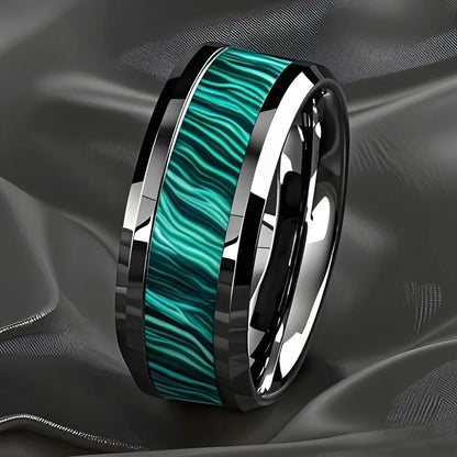 Anelli da uomo in acciaio inossidabile color argento con intarsio in pietra imitazione pavone da 8 mm, gioielli per matrimonio da uomo, anello in acciaio