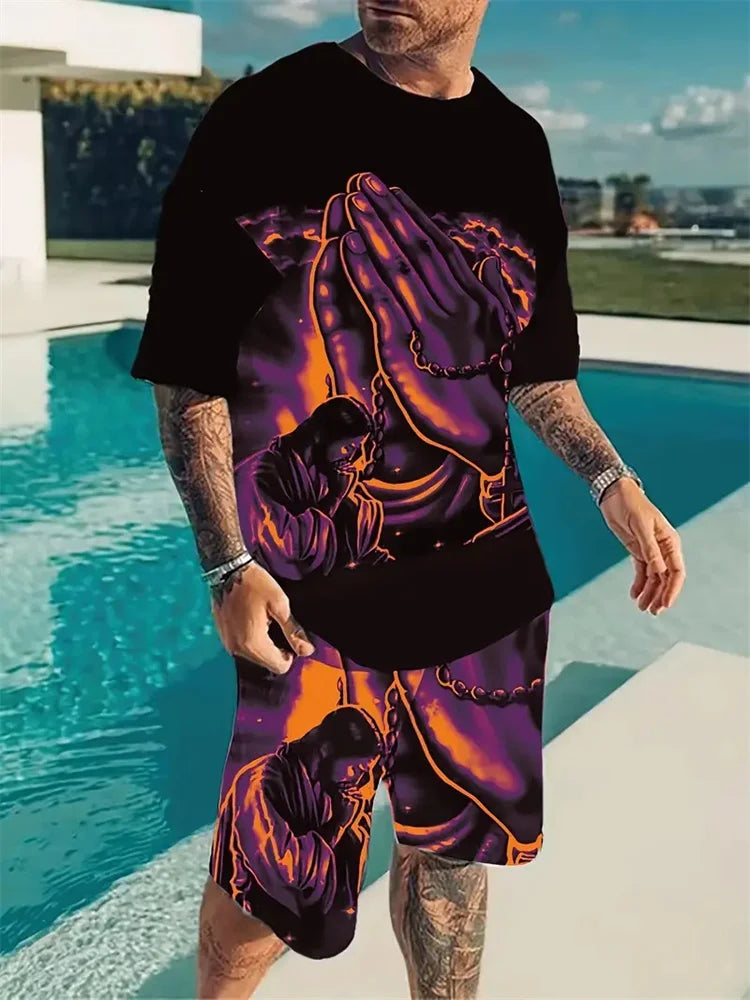 T-shirt casual a maniche corte per vacanze, pantaloncini da strada per esterni, set di pantaloncini estivi da uomo a maniche corte, set da uomo con stampa teschio, modello alla moda