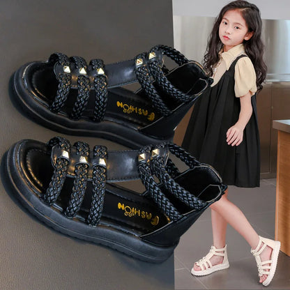 Sandali estivi per bambine 2025, nuovi sandali gladiatore casual in stile coreano, morbidi in PU antiscivolo, con trama a intreccio, stile principessa.