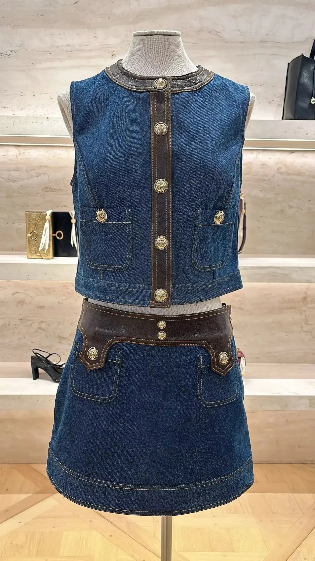 Women's Denim Patchwork Leather Round Neck Sleeveless Vest A-Line Short Skirt Set Women's 25 Early Autumn New Item
