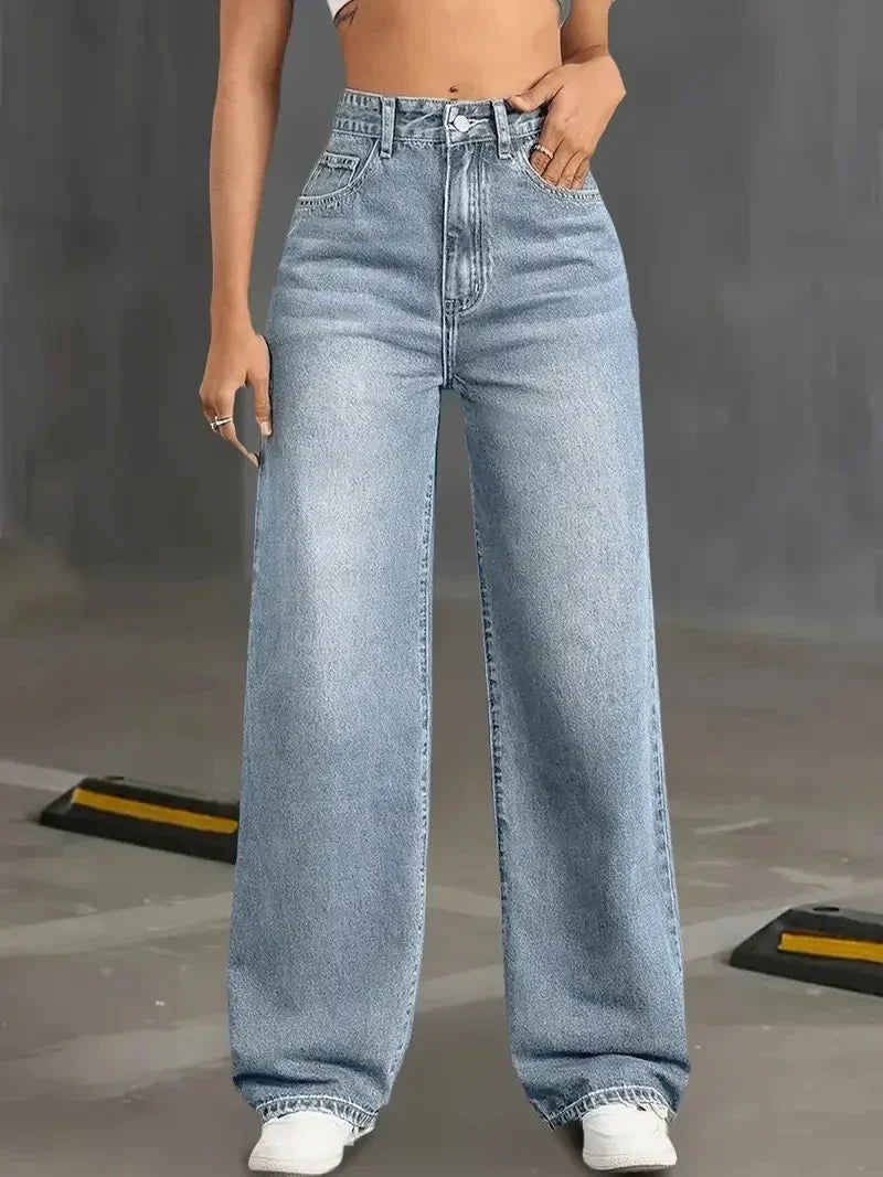 Y2k Jeans Jeans for Woman Classic Blue Elastic Straight Leg Simple Design Retro Style Stretchy Denim Trousers