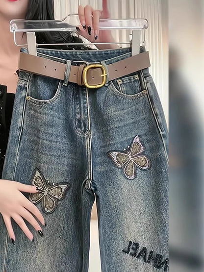 Jeans loose straight leg pants women's embroidered personalized wide leg floor pants European products
