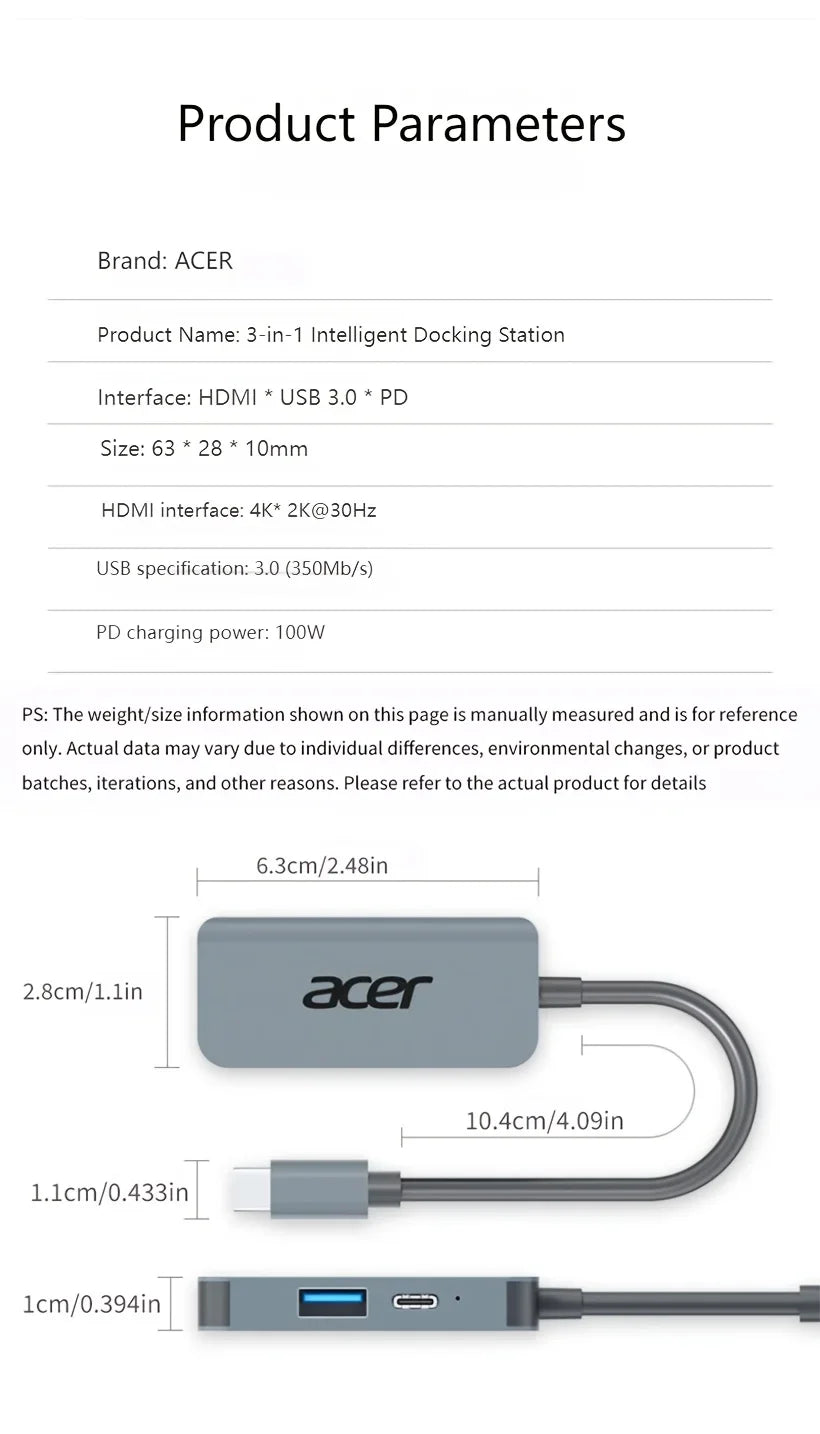 Acer Type-C multi-port USB-C hub, supports 4K high definition TV 100W PD fast charging, USB-A, USB-C HY41-T3