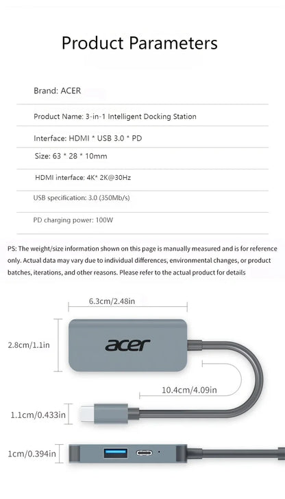 Acer Type-C multi-port USB-C hub, supports 4K high definition TV 100W PD fast charging, USB-A, USB-C HY41-T3