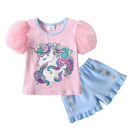 Completo estivo per bambine VIKITA con unicorno, paillettes e applicazioni, composto da maglietta a righe in cotone e pantaloni, 2 pezzi.