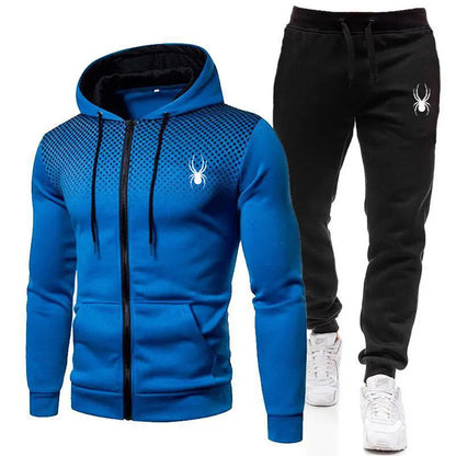 Completo uomo primavera/autunno, casual sportivo, composto da giacca con cappuccio e cerniera stampata + pantaloni, due pezzi di abbigliamento alla moda per uomo.