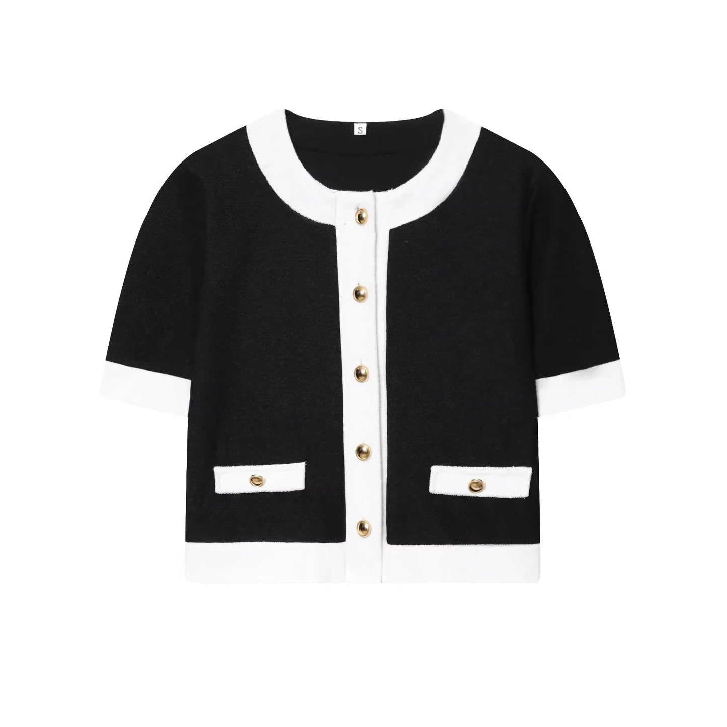Slimming contrasting pearl leather round neck short sleeved jacket with elastic waist and high waisted pants set
