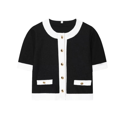 Slimming contrasting pearl leather round neck short sleeved jacket with elastic waist and high waisted pants set