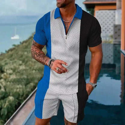 Completo estivo vintage casual a righe con stampa 3D, composto da polo, polo con cerniera e colletto, pantaloncini con cerniera, stile vacanze hawaiane da uomo.