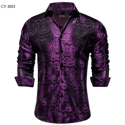 Camicie da uomo a maniche lunghe in seta e poliestere, camicie eleganti di lusso, camicie da smoking con colletto rovesciato e motivo paisley, abbigliamento da uomo