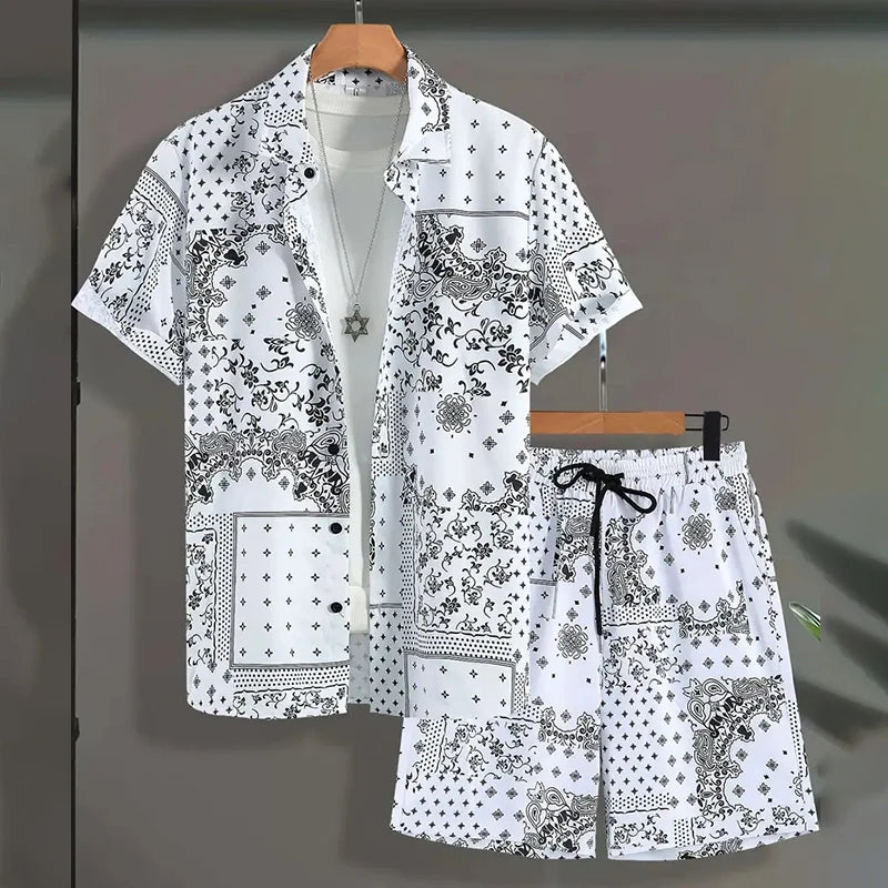 Completo da uomo per vacanze al mare alle Hawaii, composto da camicia a maniche corte e pantaloncini, con stampa paisley, traspirante e alla moda, ideale per feste.