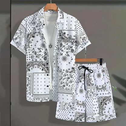 Completo da uomo per vacanze al mare alle Hawaii, composto da camicia a maniche corte e pantaloncini, con stampa paisley, traspirante e alla moda, ideale per feste.