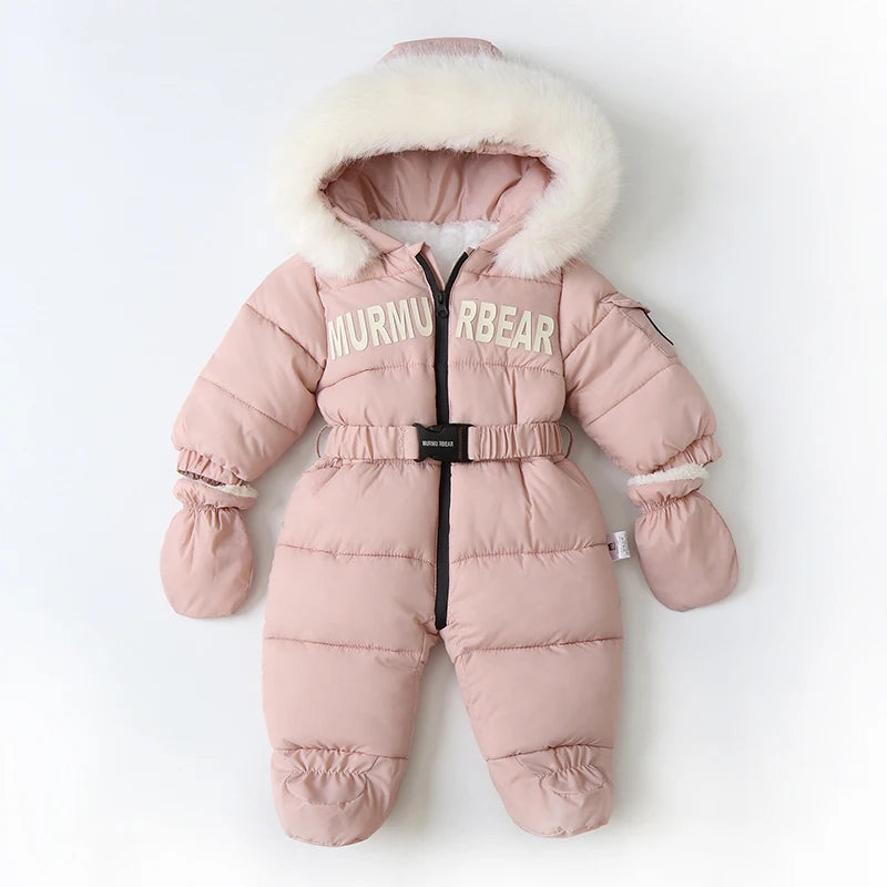 Tutina invernale per neonati, abbigliamento per neonati imbottito, tutina calda in velluto con guanti e cappuccio, tuta da neve per neonati.