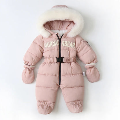 Tutina invernale per neonati, abbigliamento per neonati imbottito, tutina calda in velluto con guanti e cappuccio, tuta da neve per neonati.
