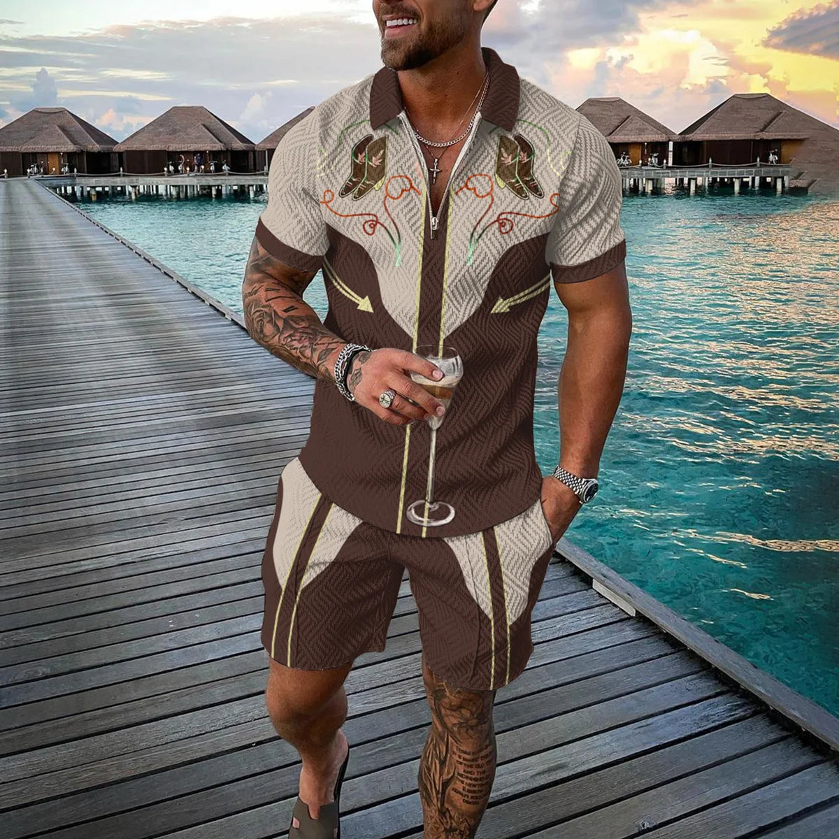 Completo estivo da uomo con stampa 3D, composto da polo con cerniera e pantaloncini, 2 pezzi, stile boho geometrico, abbigliamento per le vacanze.