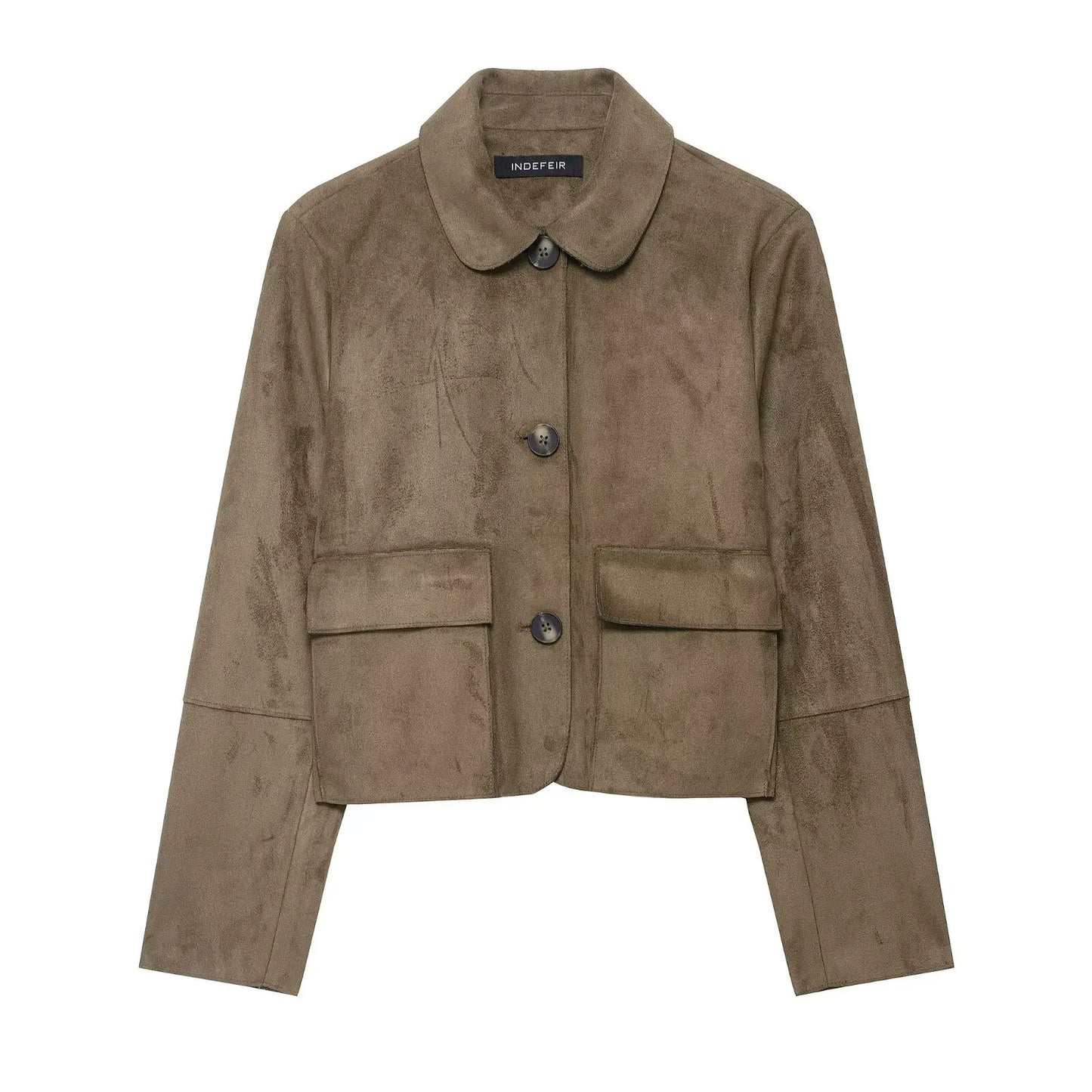 HH Donna Vintage Solid Suede Cappotto Risvolto Monopetto Manica Lunga Giacca Con Tasche Autunno Casual Outwear Giacche Corte