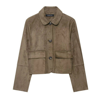HH Donna Vintage Solid Suede Cappotto Risvolto Monopetto Manica Lunga Giacca Con Tasche Autunno Casual Outwear Giacche Corte
