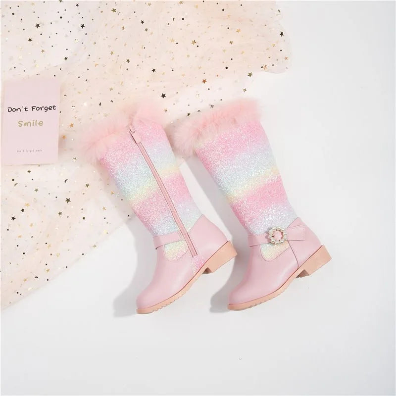 Nuovi stivali rosa da bambina per l'autunno/inverno 2023, modello principessa arcobaleno, lunghezza al ginocchio, con pelliccia sintetica.