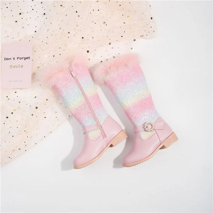 Nuovi stivali rosa da bambina per l'autunno/inverno 2023, modello principessa arcobaleno, lunghezza al ginocchio, con pelliccia sintetica.