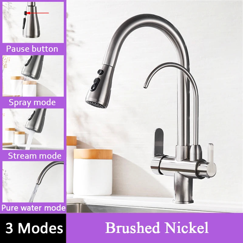 Black Filtered Faucet Brass Purifier Kitchen Faucet Dual Handle Drinking Water Vessel Sink Mixer Tap Torneira for Kitchen