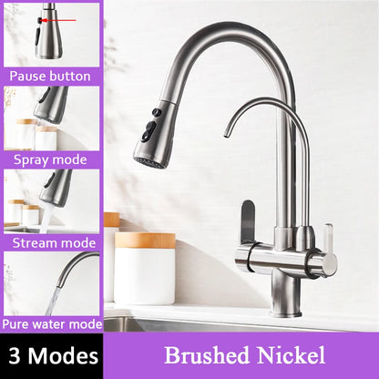 Black Filtered Faucet Brass Purifier Kitchen Faucet Dual Handle Drinking Water Vessel Sink Mixer Tap Torneira for Kitchen