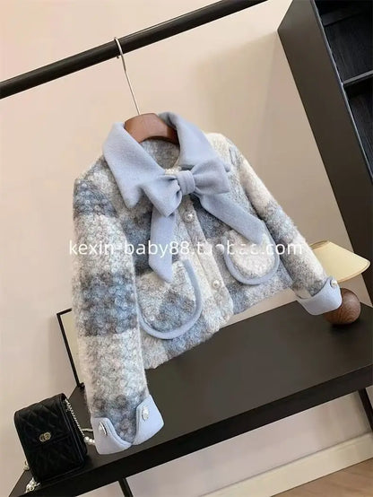 Completi Autunno Inverno Abbigliamento per Bambini Spessi Completo Principessa per Bambini 2 Pezzi Moda Bambina Cappotto Blu Caldo + Gonna A Plisse Eleganza Caldo