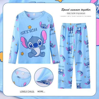 Pigiama per bambini dai 2 ai 14 anni, completo a maniche lunghe per primavera e autunno, set pigiama per bambini con motivo a cartoni animati Stitch, abbigliamento da casa comodo e casual per ragazzi e ragazze.