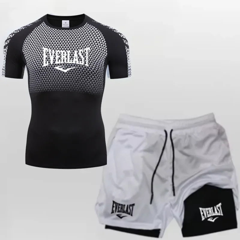 EVERLAST Maglietta a compressione da uomo + pantaloncini sportivi 2 in 1 Set 2 pezzi Tempo libero Traspirante Manica corta Sport Jogging Palestra Abbigliamento di marca Stampa