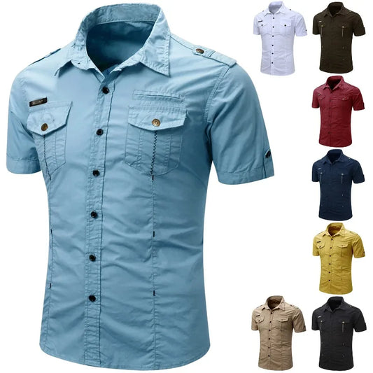 Camicia tattica militare estiva da uomo casual 100% cotone 2025, a maniche corte, tinta unita, con tasca