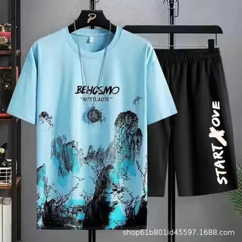 Completo sportivo da tre pezzi per ragazzi, composto da pantaloncini ad asciugatura rapida, t-shirt a maniche corte alla moda e abbigliamento casual estivo leggero per studenti.